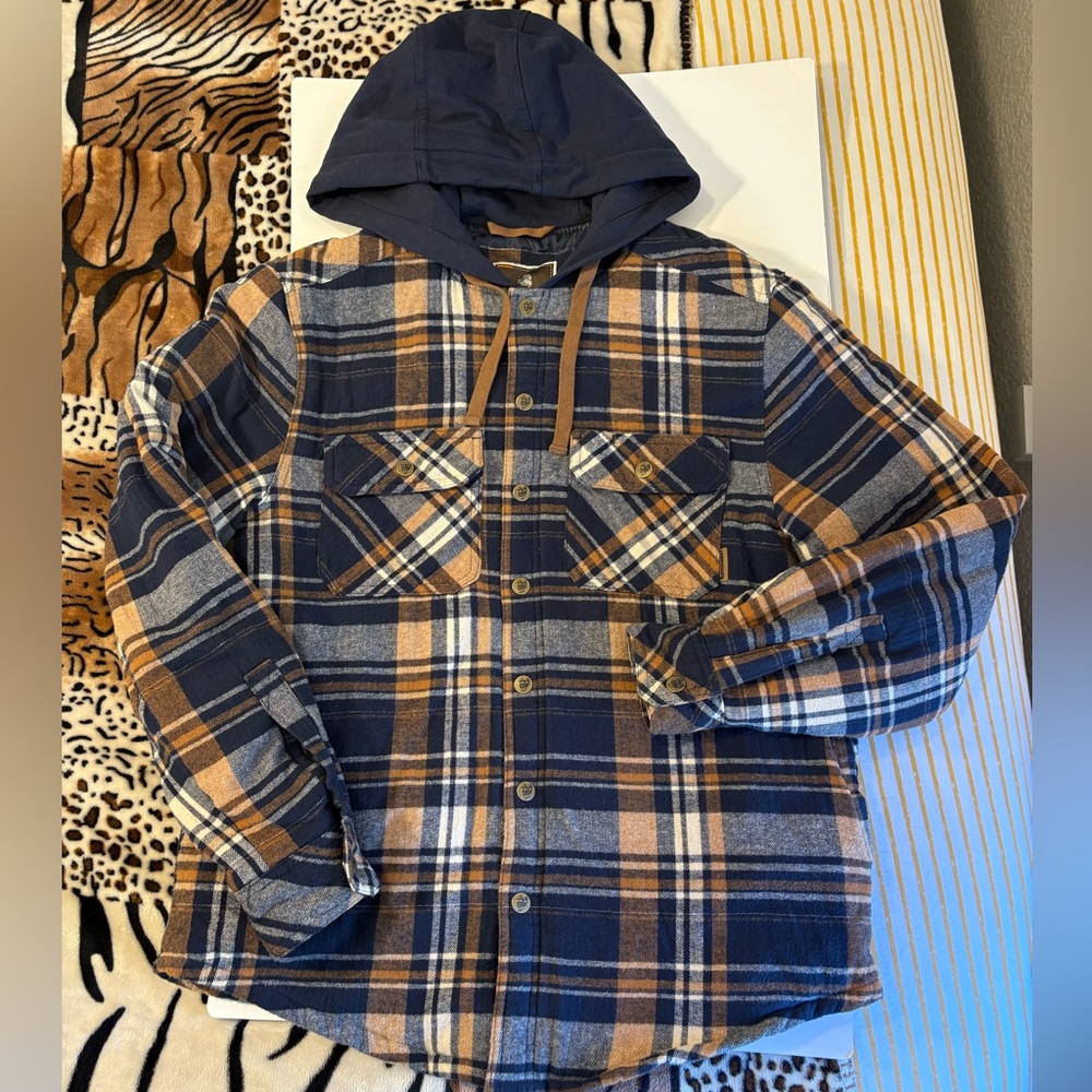 Legendary Whitetails Navy, Brown & Cream Plaid Hooded Shirt Jacket